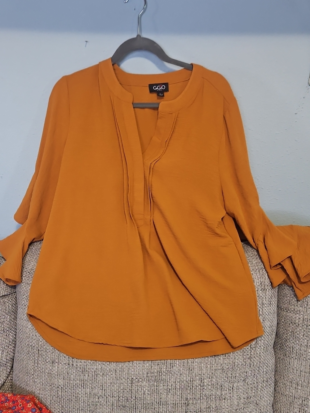 GIGIO Mustard Split-Neck Bell Sleeve Women's Top
